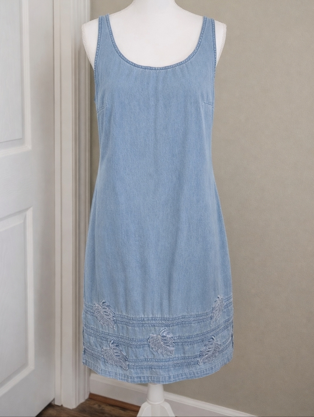 Y2K Denim Jumper Dress Coastal Cowgirl Tropical Monstera Midi Light Wash